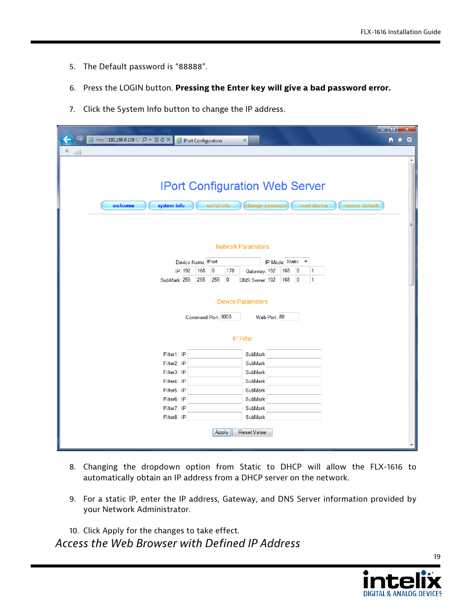 Access the web browser with defined ip address | Intelix FLX-1616 User Manual | Page 19 / 36