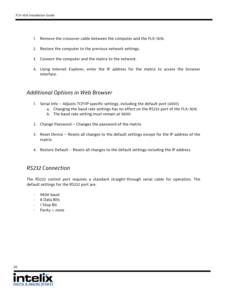 Additional options in web browser, Rs232 connection | Intelix FLX-1616 User Manual | Page 20 / 36