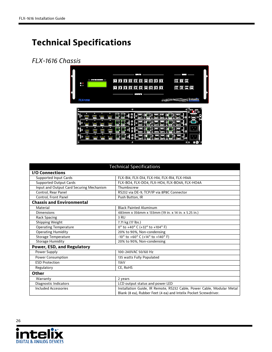 Flx-1616 chassis, Technical specifications | Intelix FLX-1616 User Manual | Page 26 / 36