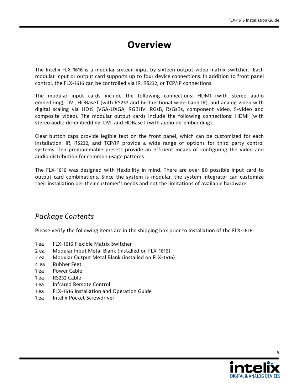 Overview, Package contents | Intelix FLX-1616 User Manual | Page 5 / 36