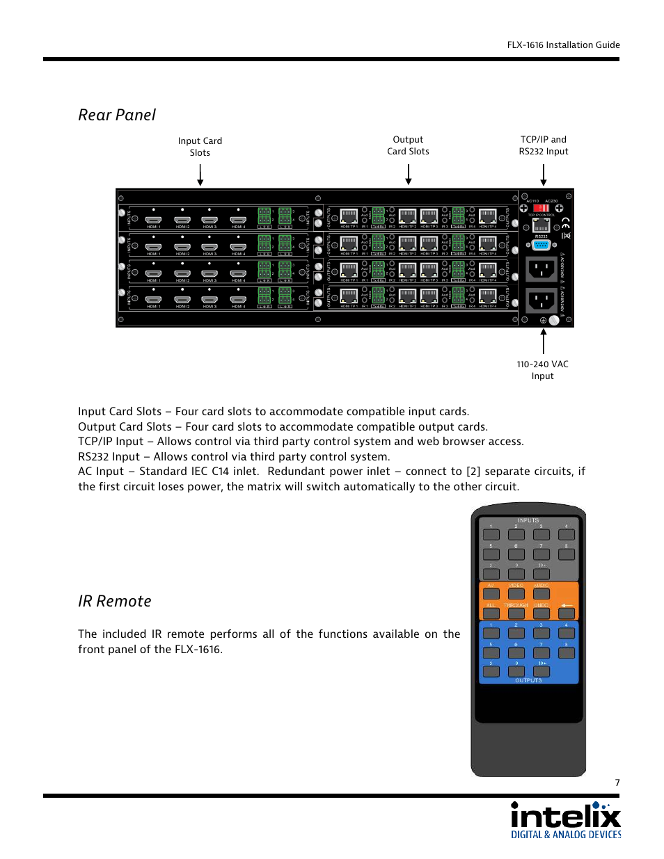 Rear panel, Ir remote | Intelix FLX-1616 User Manual | Page 7 / 36