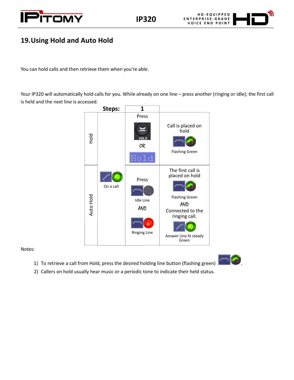Using hold and auto hold, Ip320, Steps: 1 | IPitomy IP320 User Manual User Manual | Page 16 / 33