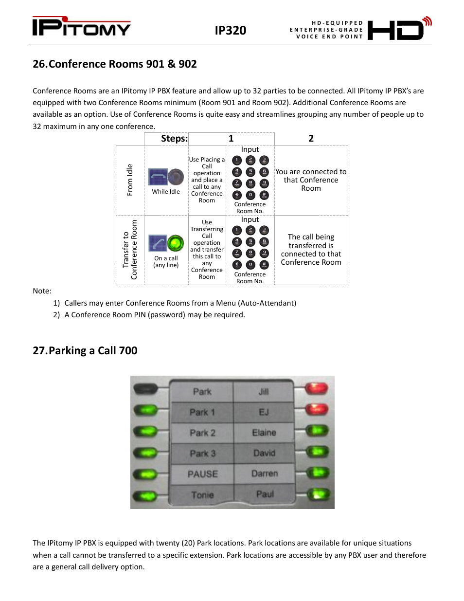 Conference rooms 901 & 902, Parking a call 700, Ip320 | Steps: 1 2 | IPitomy IP320 User Manual User Manual | Page 21 / 33