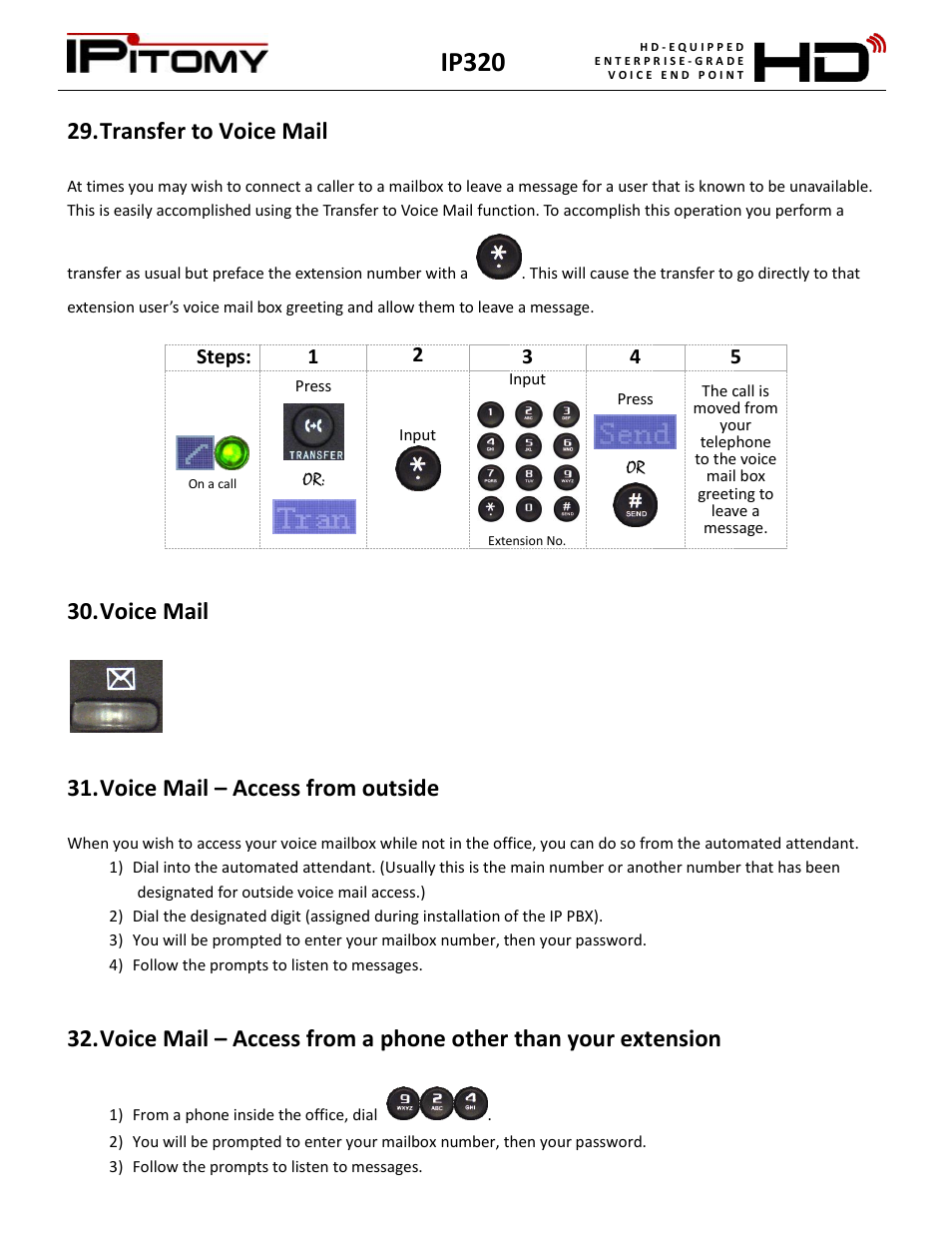 Transfer to voice mail, Voice mail, Voice mail – access from outside | Ip320 | IPitomy IP320 User Manual User Manual | Page 23 / 33