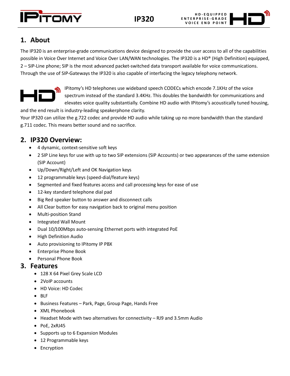 About, Ip320 overview, Features | Ip320 | IPitomy IP320 User Manual User Manual | Page 3 / 33