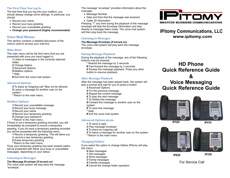 Voice messaging quick reference guide, Hd phone quick reference guide, Ipitomy communications, llc | IPitomy IP620 Quick User Guide User Manual | Page 2 / 2