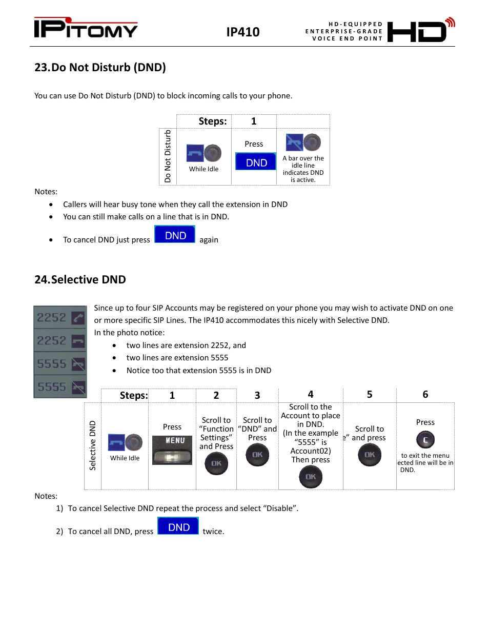Do not disturb (dnd), Selective dnd, Ip410 | Steps: 1 | IPitomy IP410 User Manual User Manual | Page 19 / 33
