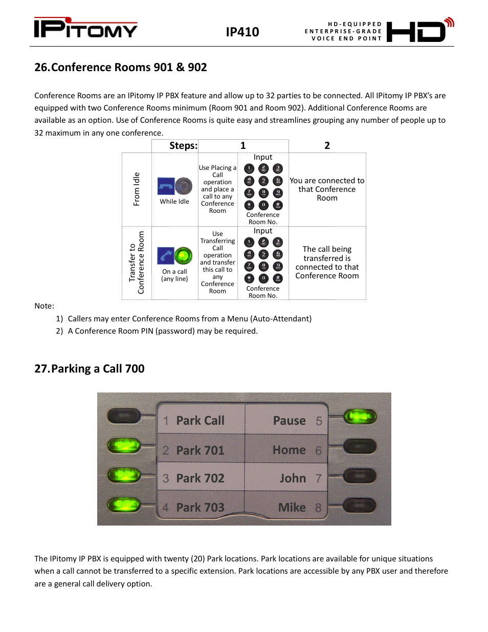 Conference rooms 901 & 902, Parking a call 700, Ip410 | Steps: 1 2 | IPitomy IP410 User Manual User Manual | Page 21 / 33