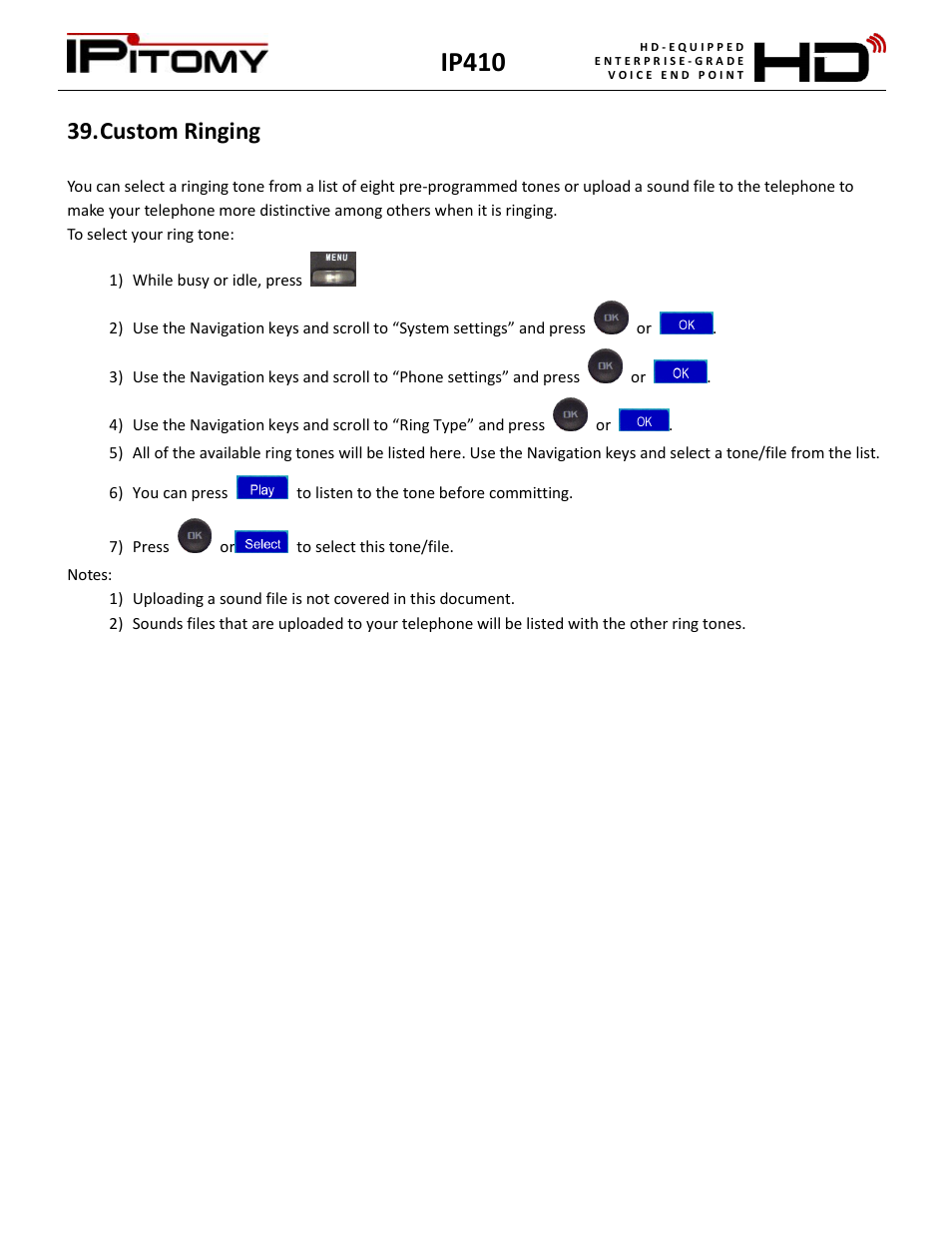 Custom ringing, Ip410 | IPitomy IP410 User Manual User Manual | Page 28 / 33