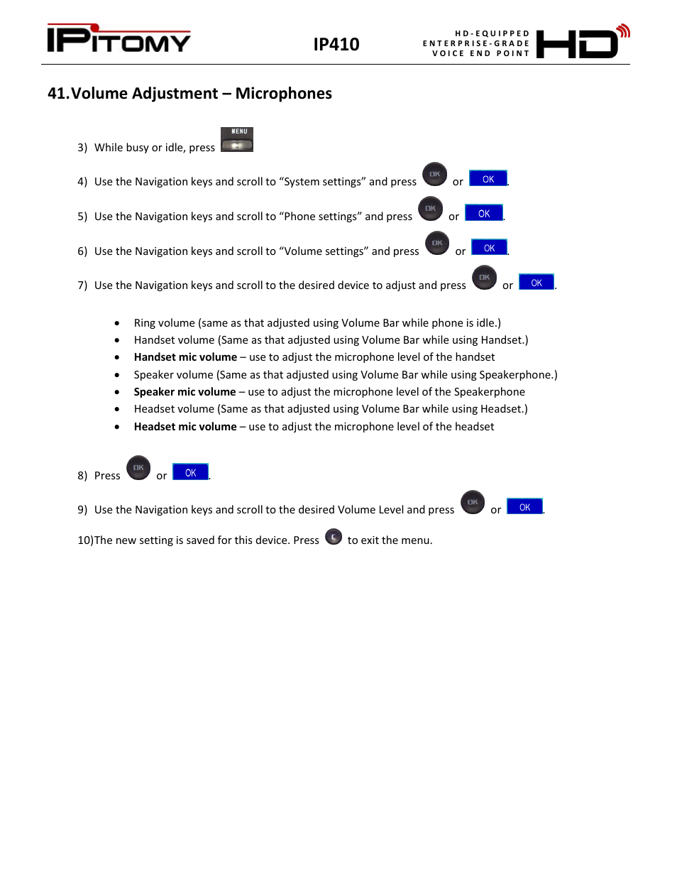 Volume adjustment – microphones, Ip410 | IPitomy IP410 User Manual User Manual | Page 30 / 33