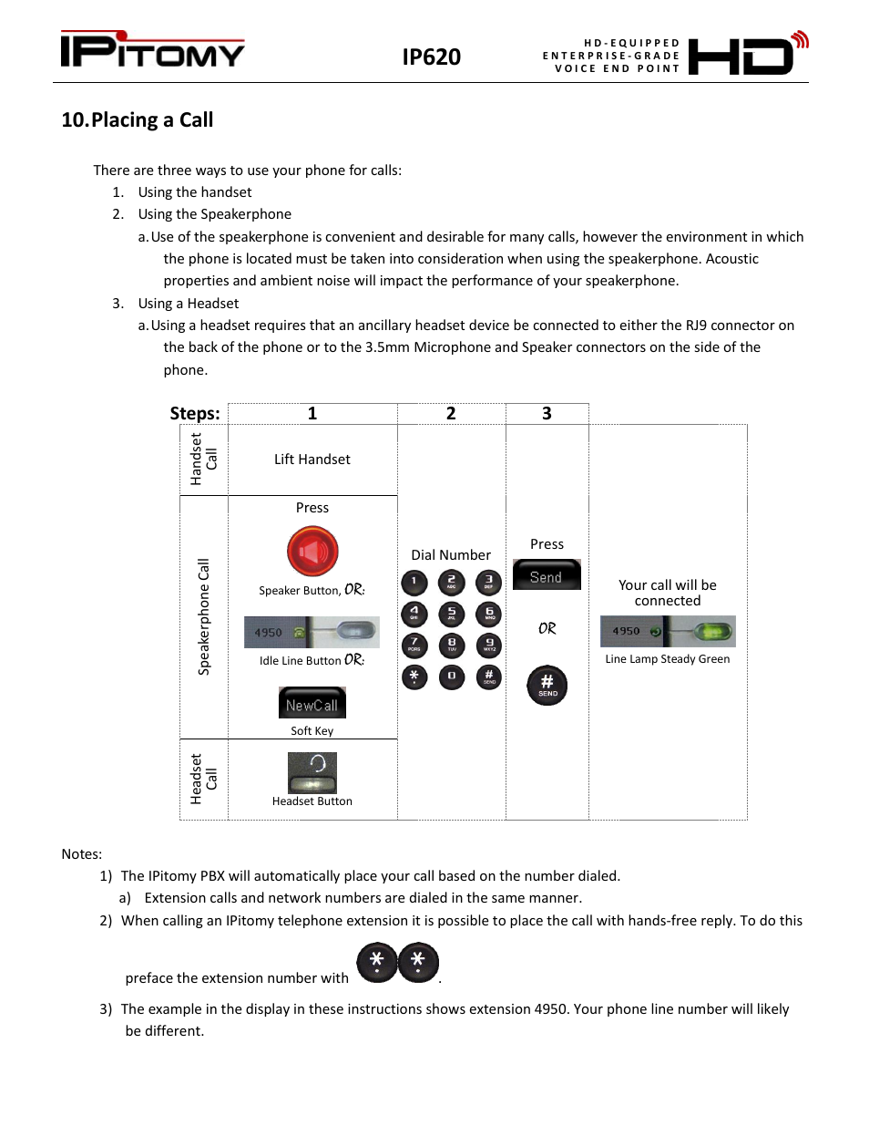 Placing a call, Ip620, Steps: 1 2 3 | IPitomy IP620 User Manual User Manual | Page 11 / 52
