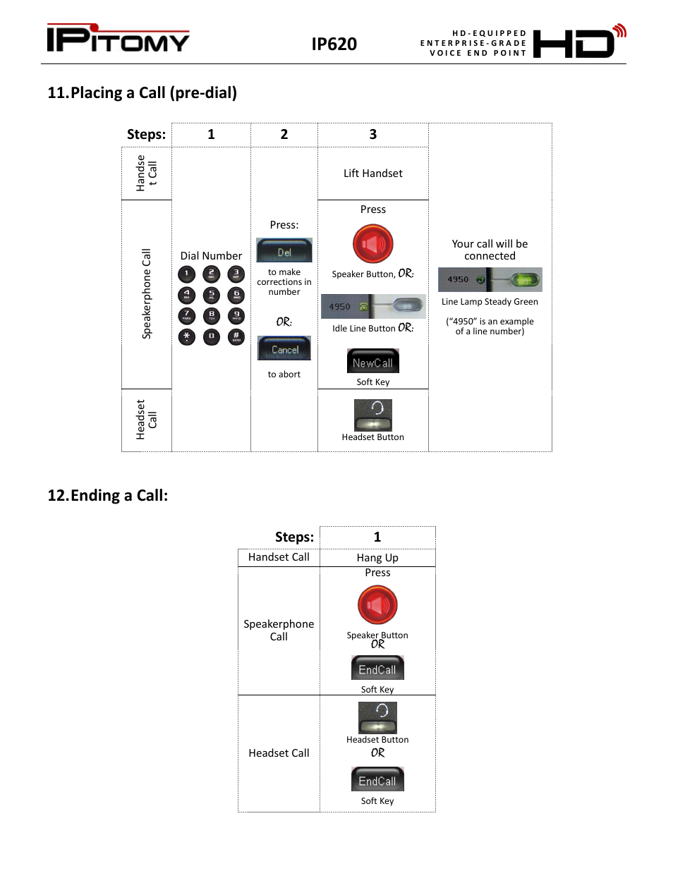 Placing a call (pre-dial), Ending a call, Ip620 | Steps: 1 2 3, Steps: 1 | IPitomy IP620 User Manual User Manual | Page 12 / 52