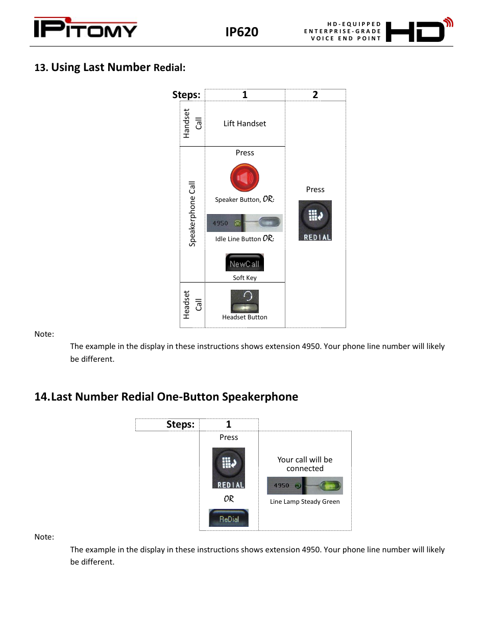 Using last number redial, Last number redial one-button speakerphone, Ip620 | Using last number, Redial: steps: 1 2, Steps: 1 | IPitomy IP620 User Manual User Manual | Page 13 / 52