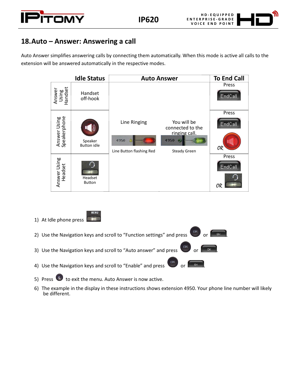 Auto – answer: answering a call, Ip620, Idle status auto answer to end call | IPitomy IP620 User Manual User Manual | Page 16 / 52