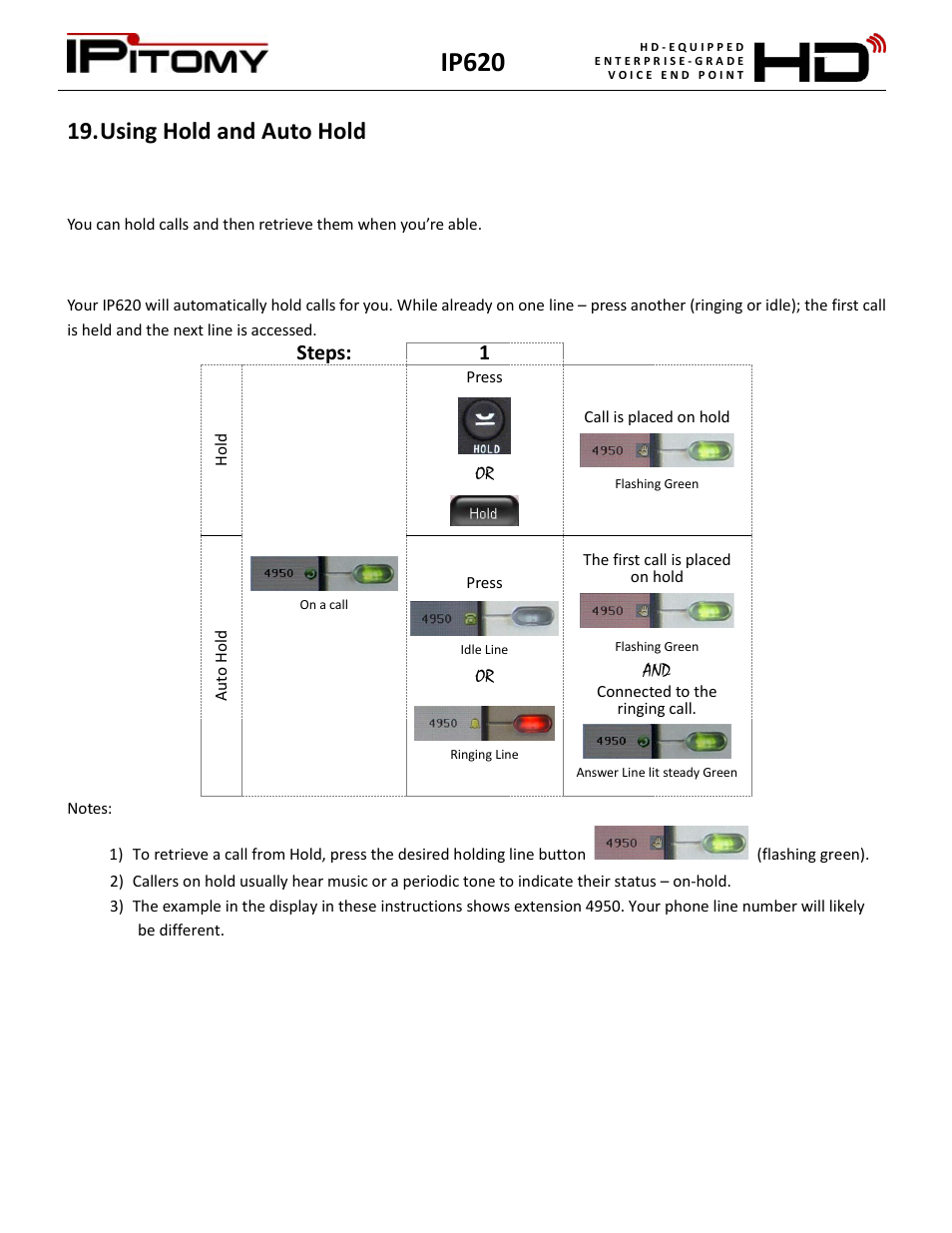 Using hold and auto hold, Ip620, Steps: 1 | IPitomy IP620 User Manual User Manual | Page 17 / 52