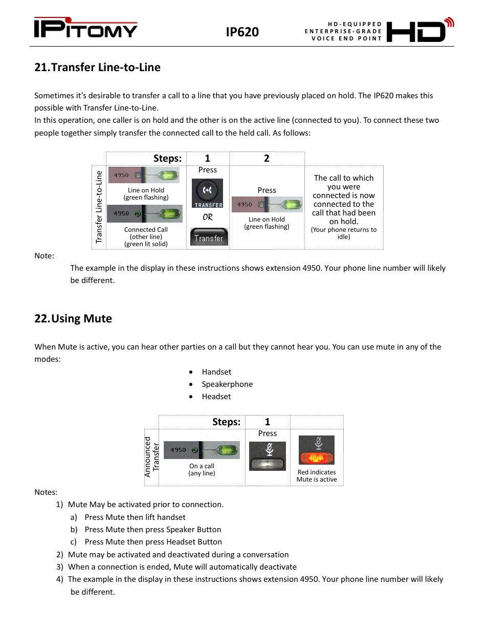 Transfer line-to-line, Using mute, Ip620 | Steps: 1 2, Steps: 1 | IPitomy IP620 User Manual User Manual | Page 19 / 52