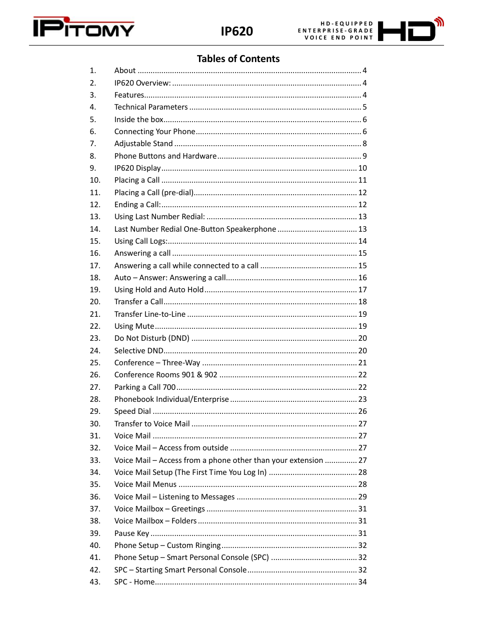 Ip620, Tables of contents | IPitomy IP620 User Manual User Manual | Page 2 / 52