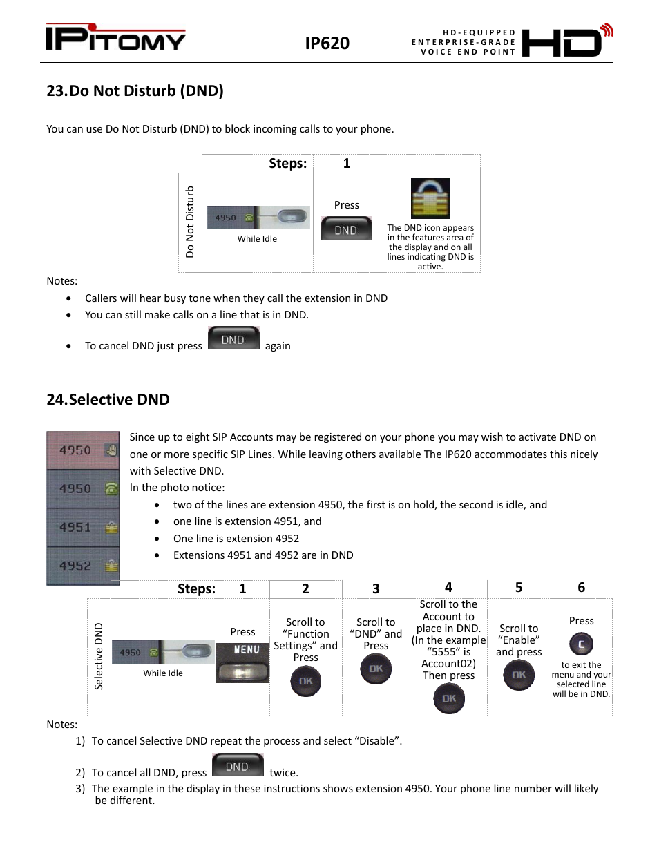 Do not disturb (dnd), Selective dnd, Ip620 | Steps: 1 | IPitomy IP620 User Manual User Manual | Page 20 / 52