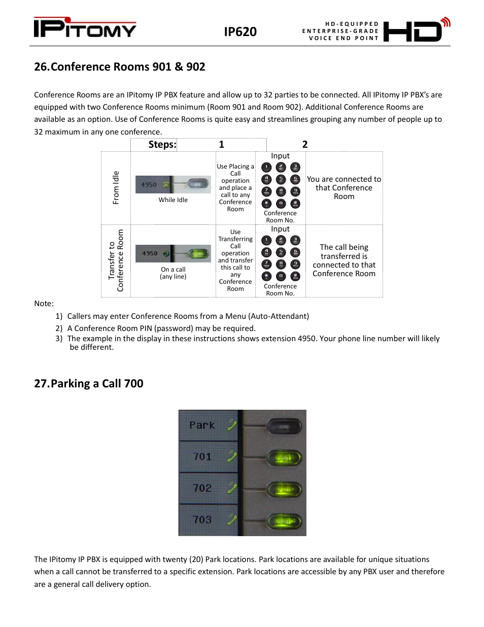 Conference rooms 901 & 902, Parking a call 700, Ip620 | Steps: 1 2 | IPitomy IP620 User Manual User Manual | Page 22 / 52