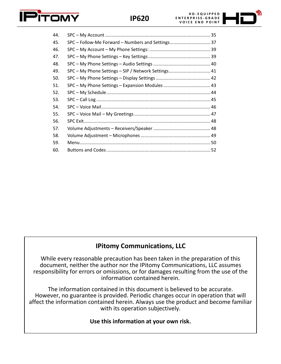 Ip620, Ipitomy communications, llc | IPitomy IP620 User Manual User Manual | Page 3 / 52