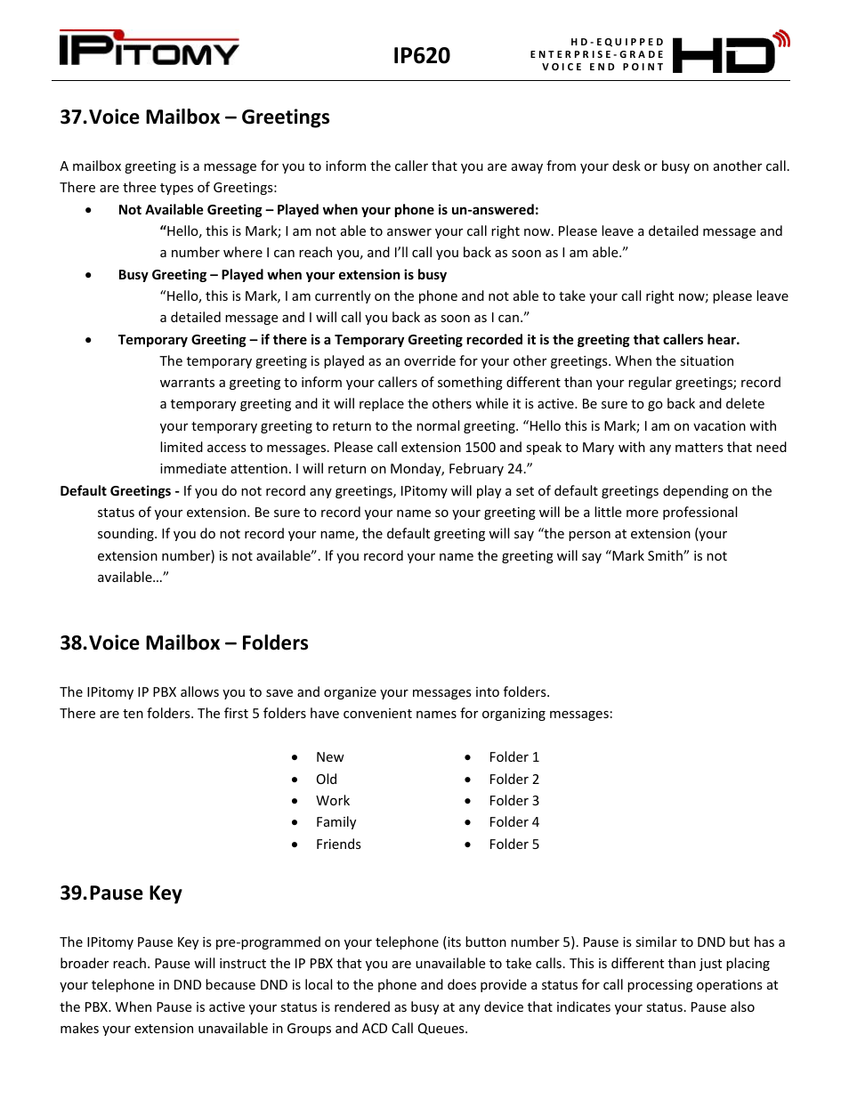 Voice mailbox – greetings, Voice mailbox – folders, Pause key | Ip620 | IPitomy IP620 User Manual User Manual | Page 31 / 52