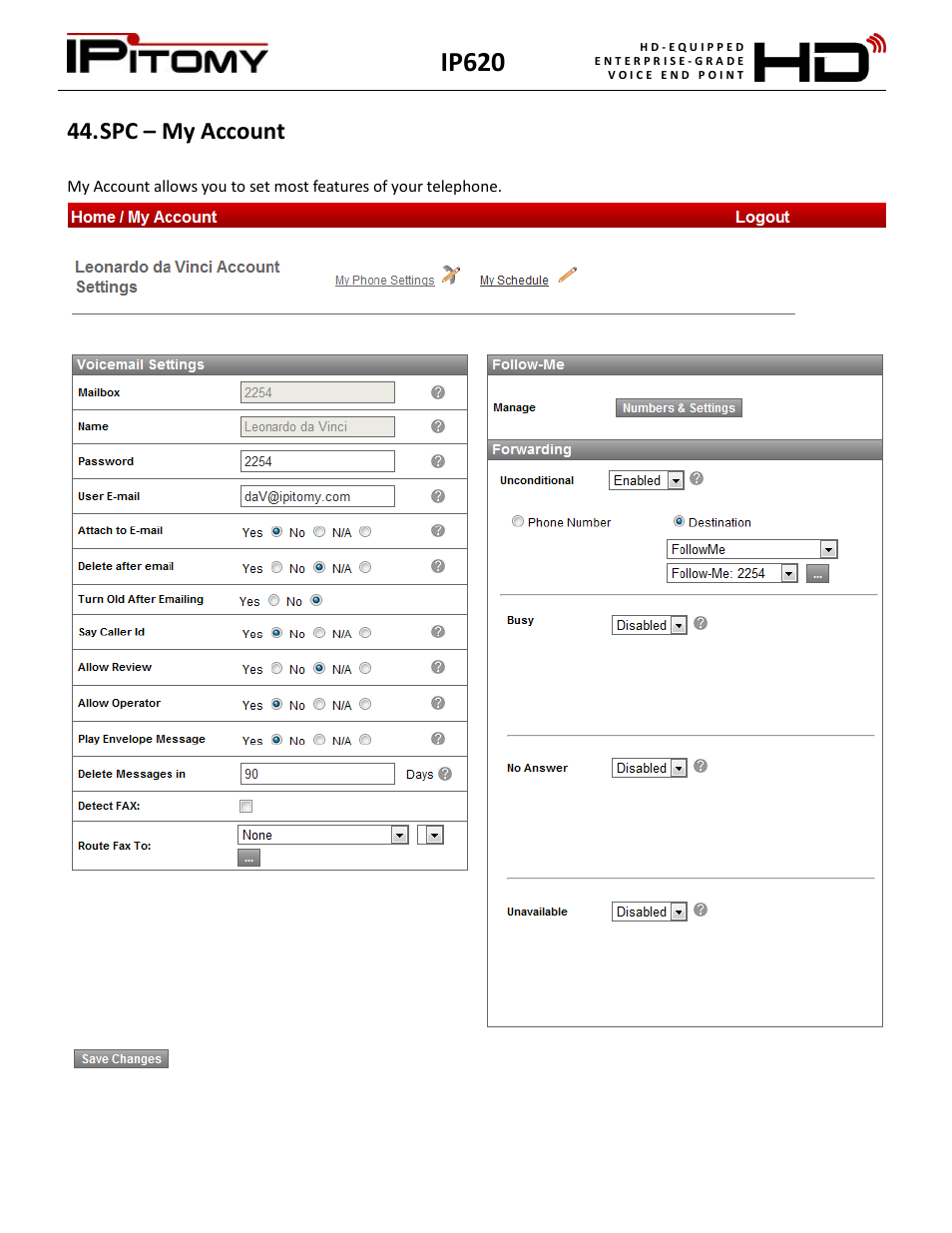 Spc – my account, Ip620 | IPitomy IP620 User Manual User Manual | Page 35 / 52
