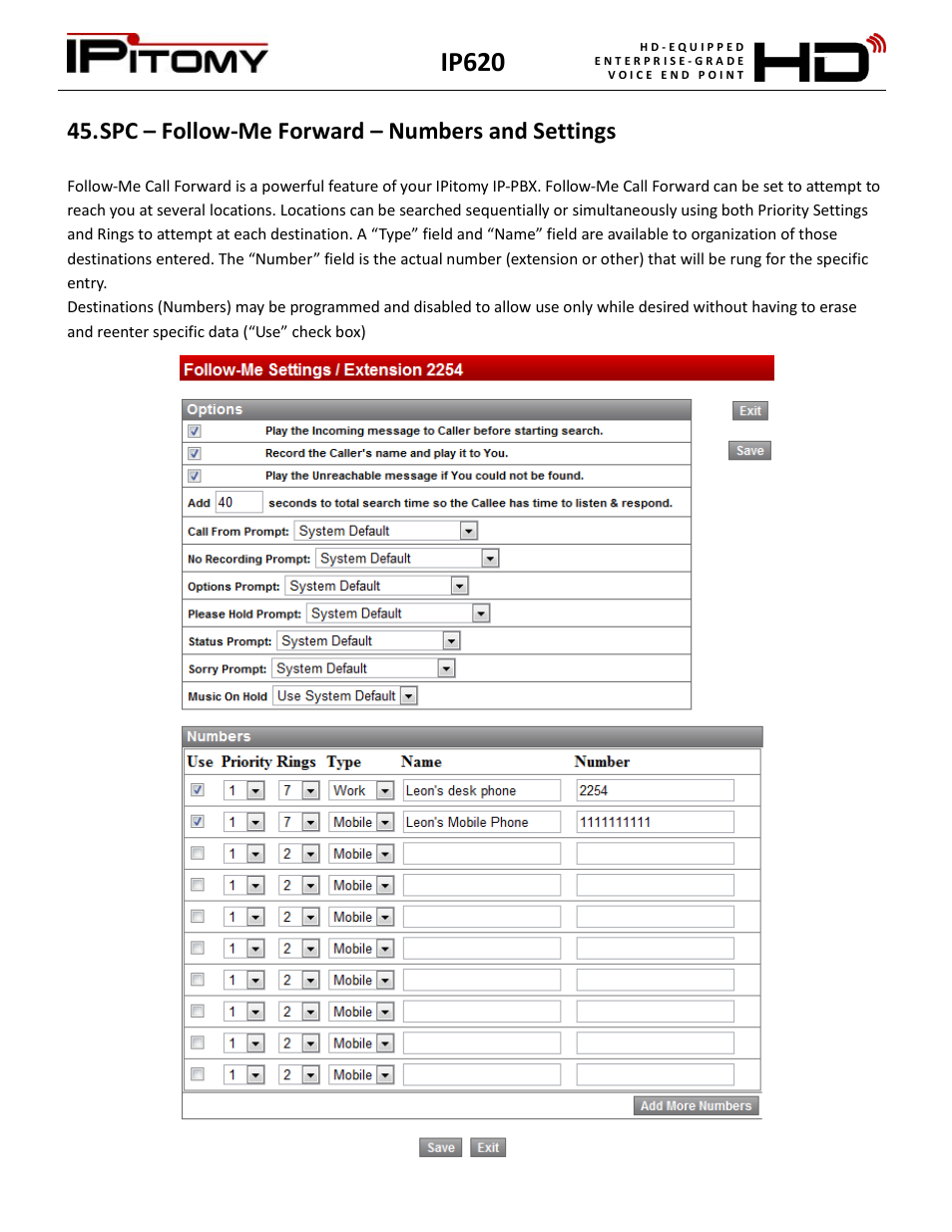 Spc – follow-me forward – numbers and settings, Ip620 | IPitomy IP620 User Manual User Manual | Page 37 / 52