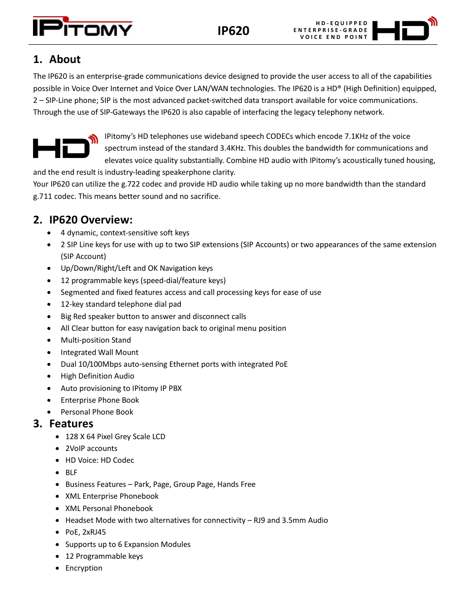 About, Ip620 overview, Features | Ip620 | IPitomy IP620 User Manual User Manual | Page 4 / 52