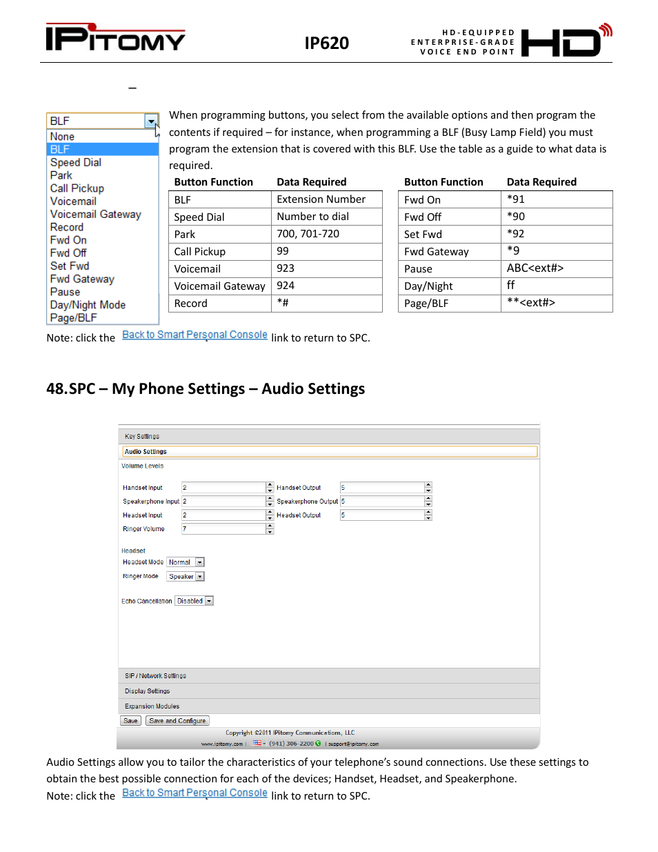 Spc – my phone settings – audio settings, Ip620 | IPitomy IP620 User Manual User Manual | Page 40 / 52