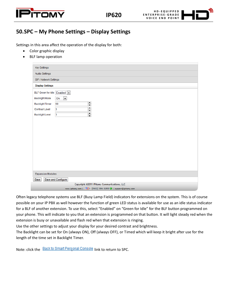 Spc – my phone settings – display settings, Ip620 | IPitomy IP620 User Manual User Manual | Page 42 / 52