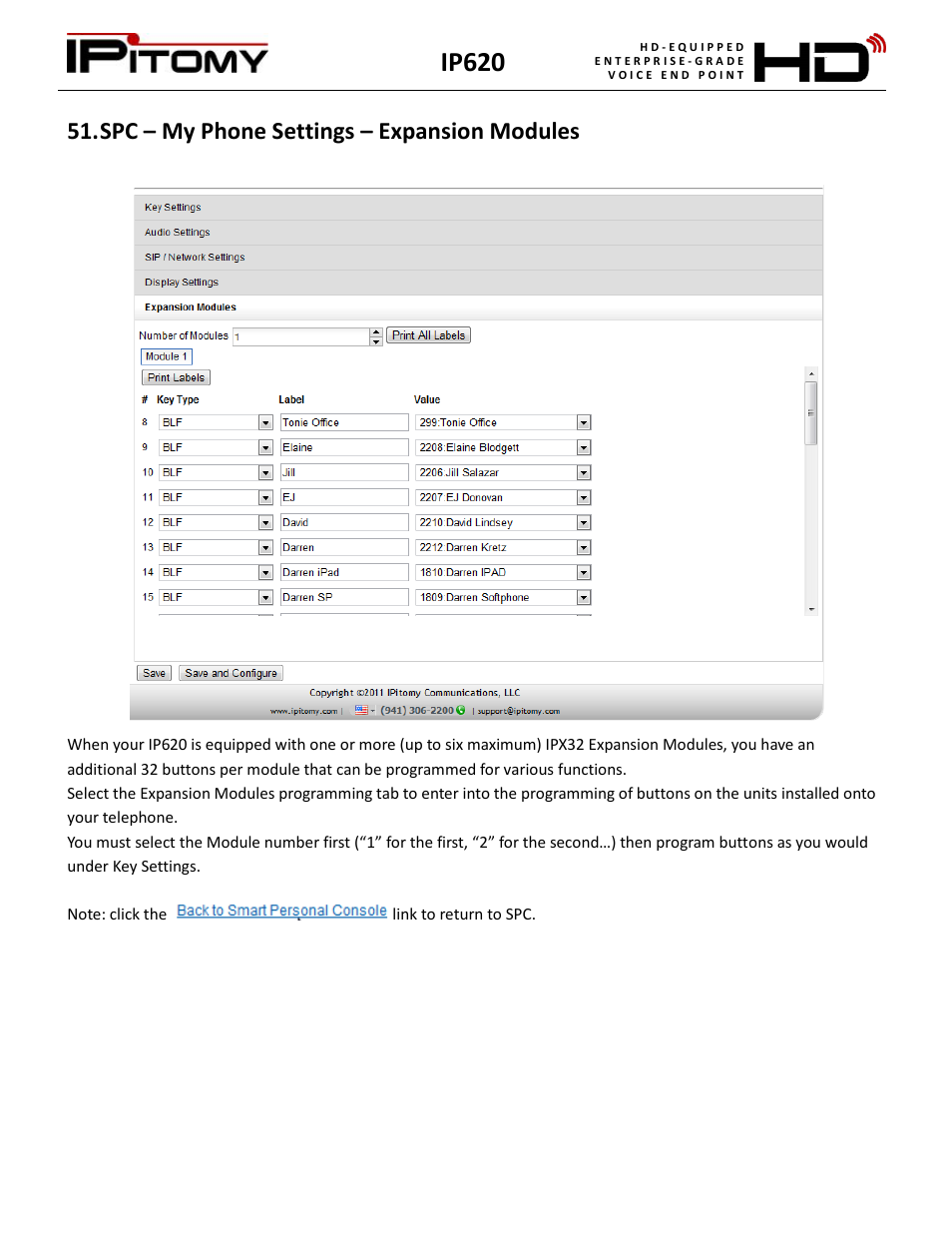 Spc – my phone settings – expansion modules, Ip620 | IPitomy IP620 User Manual User Manual | Page 43 / 52