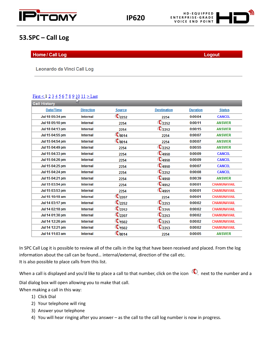 Spc – call log, Ip620 | IPitomy IP620 User Manual User Manual | Page 45 / 52