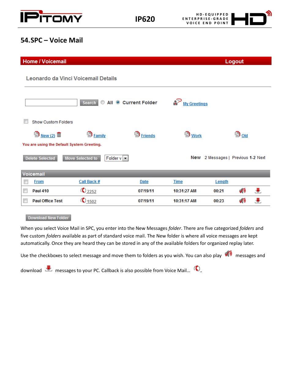 Spc – voice mail, Ip620 | IPitomy IP620 User Manual User Manual | Page 46 / 52