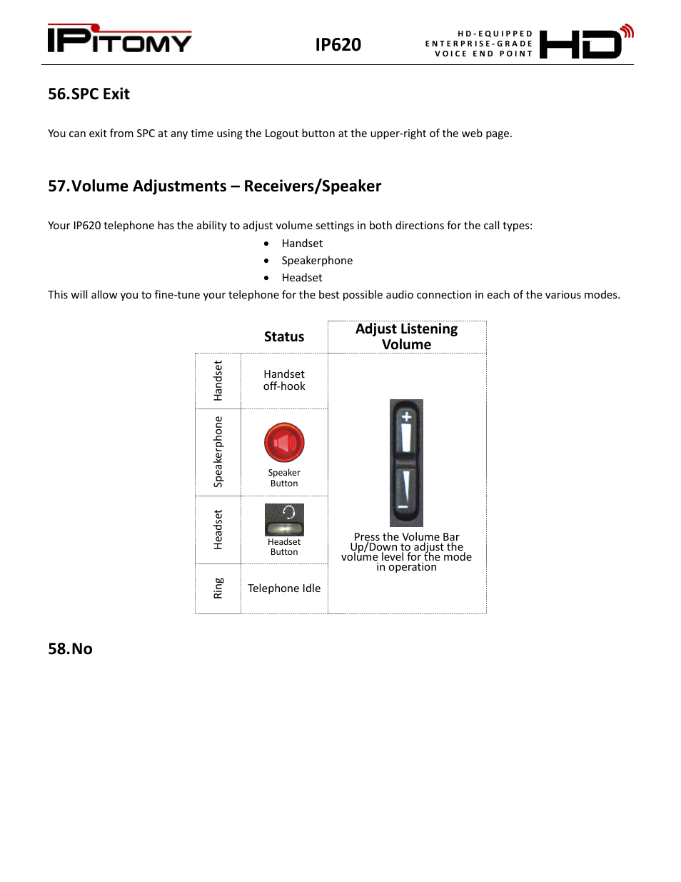 Volume adjustments – receivers/speaker, Ip620, Spc exit | Status adjust listening volume | IPitomy IP620 User Manual User Manual | Page 48 / 52