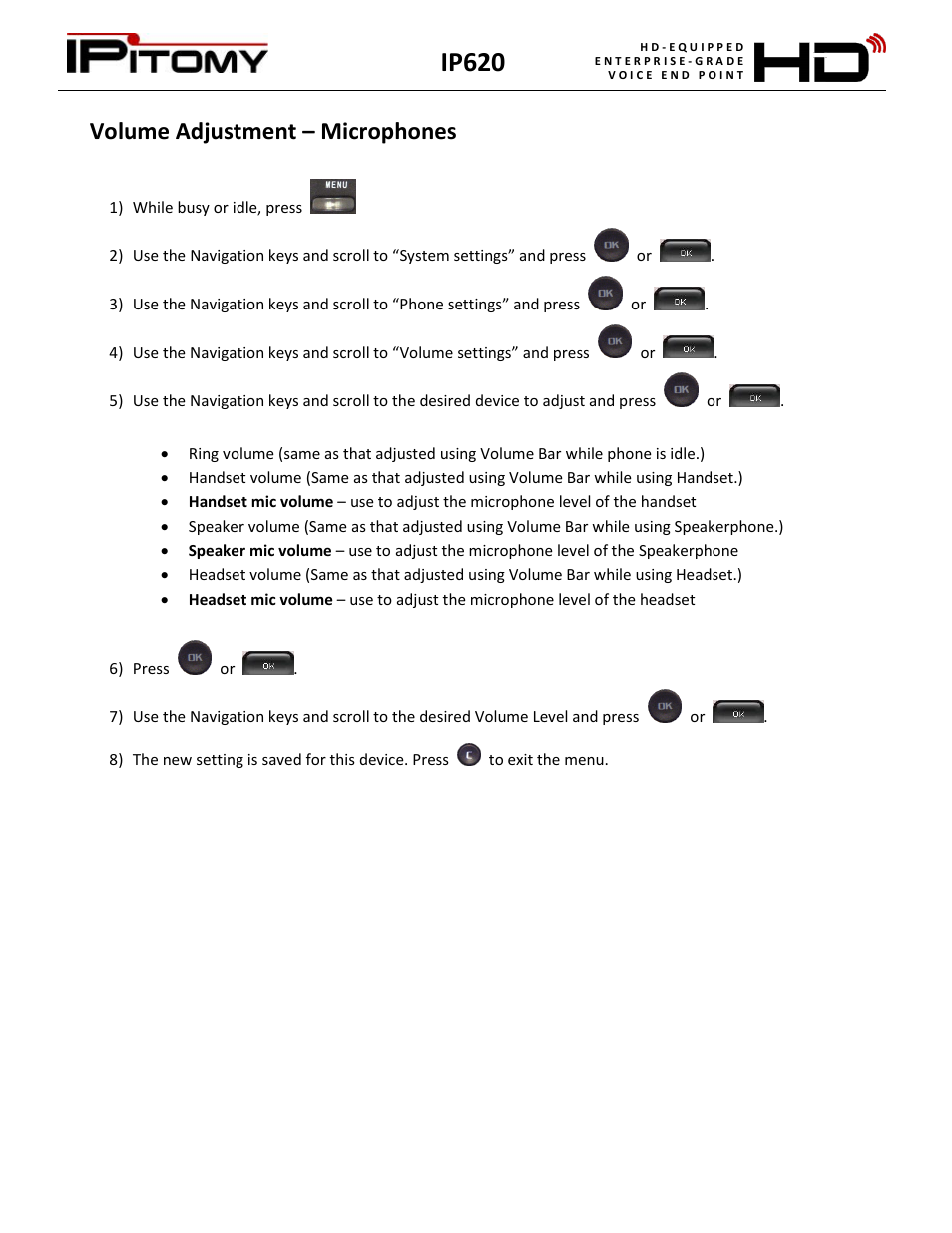 Volume adjustment – microphones, Ip620 | IPitomy IP620 User Manual User Manual | Page 49 / 52