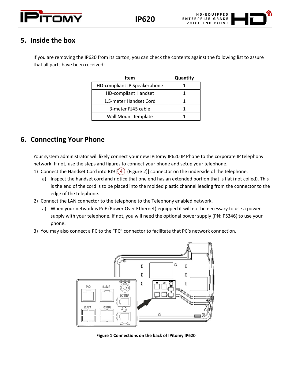 Inside the box, Connecting your phone, Ip620 | IPitomy IP620 User Manual User Manual | Page 6 / 52