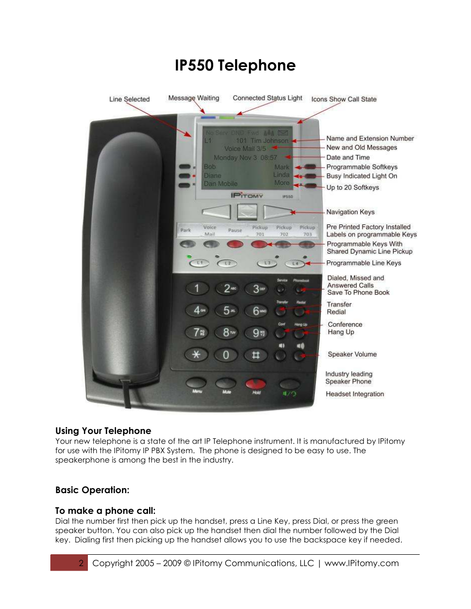 Ip550 telephone | IPitomy IP550 Desktop Reference Guide User Manual | Page 2 / 10