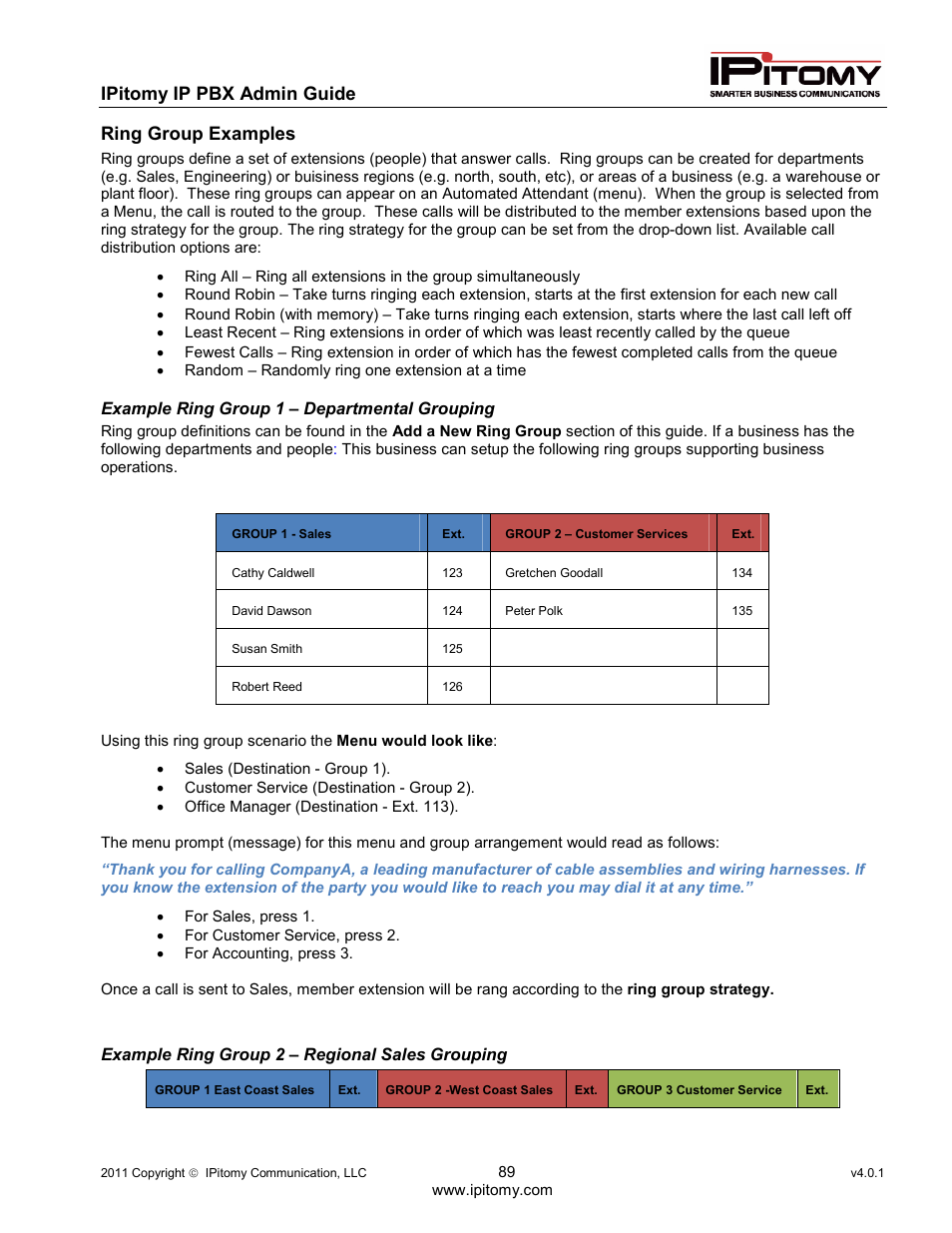 Ipitomy ip pbx admin guide, Ring group examples | IPitomy IP1100+ PBX Administrator Guide User Manual | Page 107 / 259