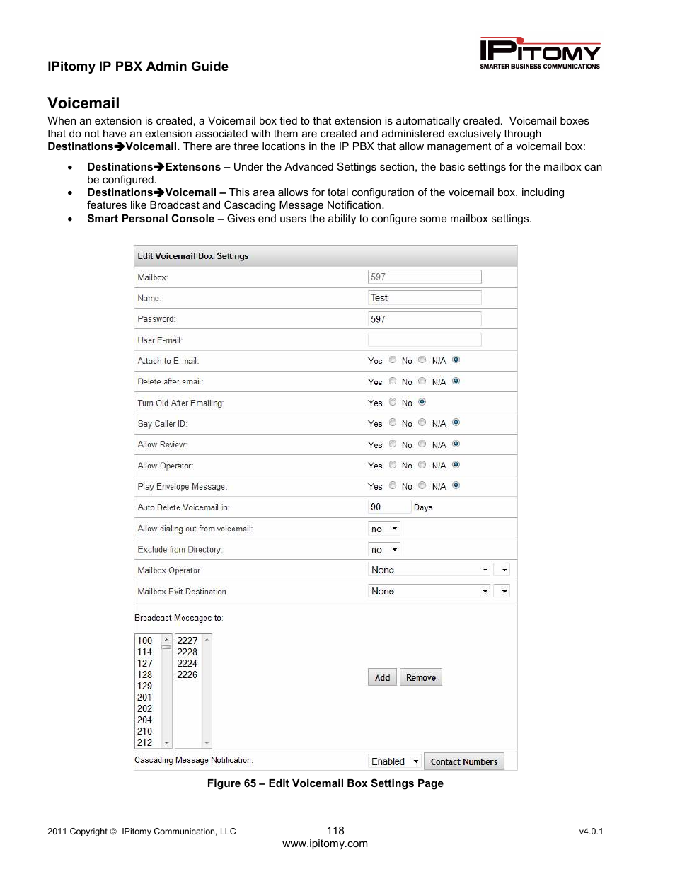 Voicemail | IPitomy IP1100+ PBX Administrator Guide User Manual | Page 136 / 259
