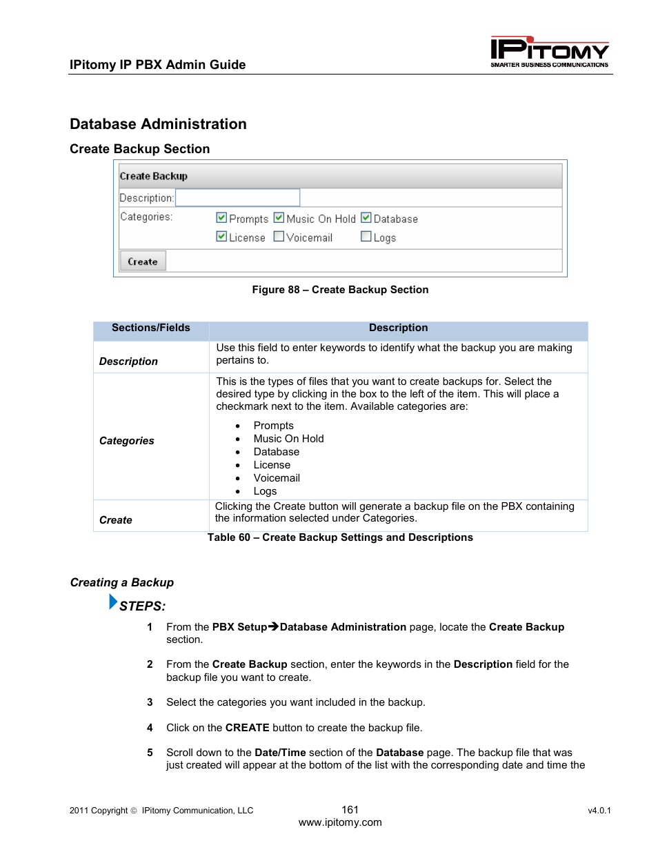 Database administration | IPitomy IP1100+ PBX Administrator Guide User Manual | Page 179 / 259