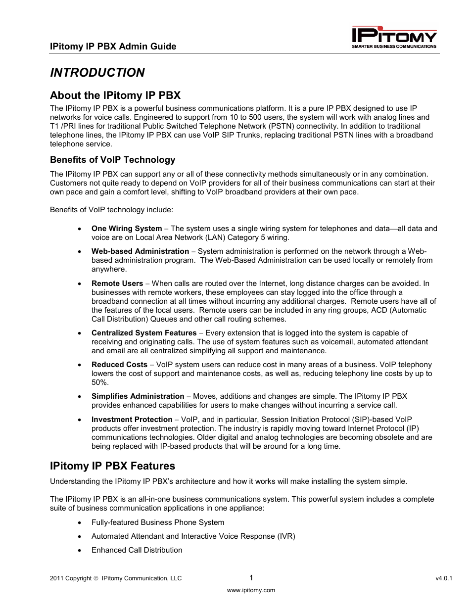 Introduction, About the ipitomy ip pbx, Ipitomy ip pbx features | IPitomy IP1100+ PBX Administrator Guide User Manual | Page 19 / 259