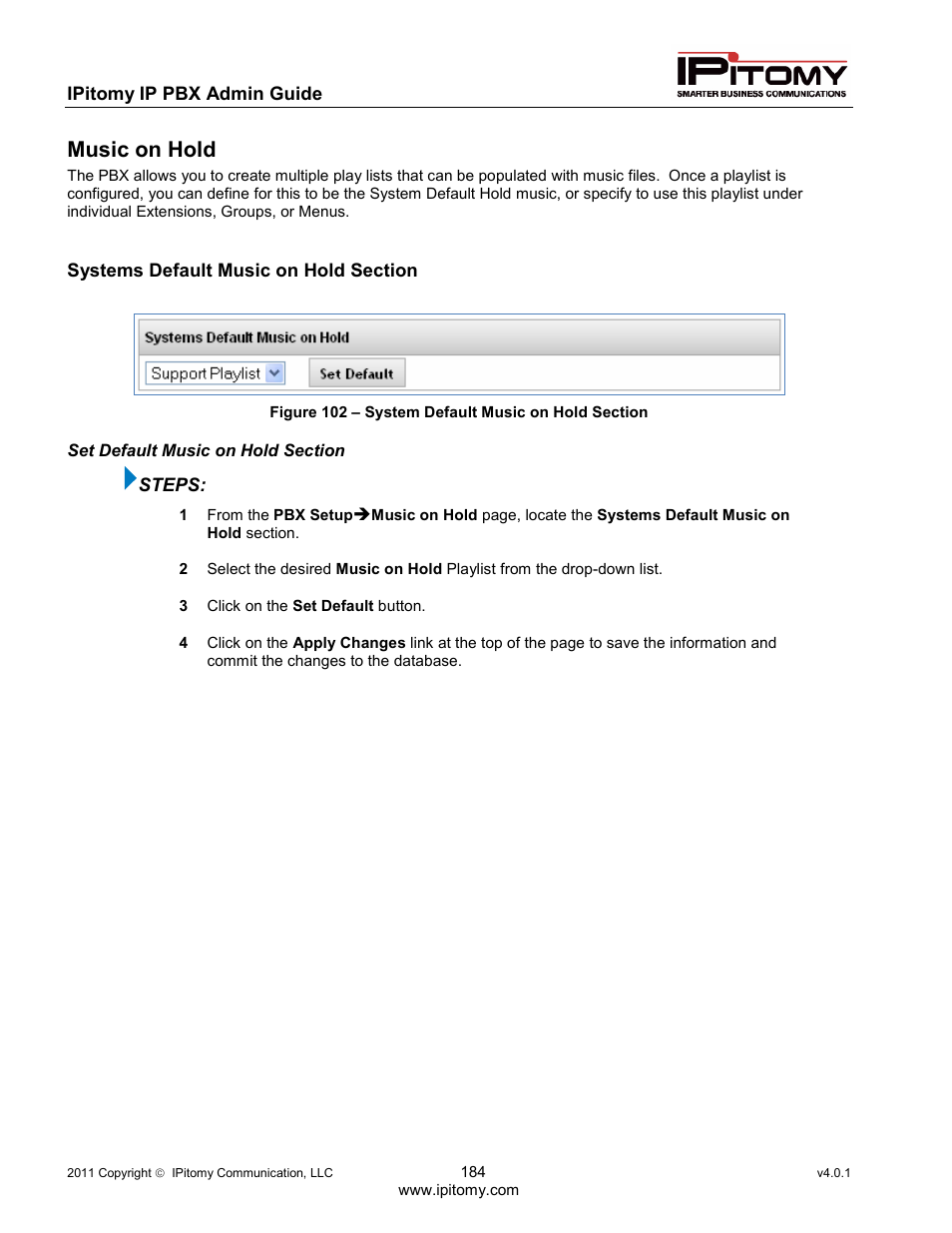 Music on hold | IPitomy IP1100+ PBX Administrator Guide User Manual | Page 202 / 259