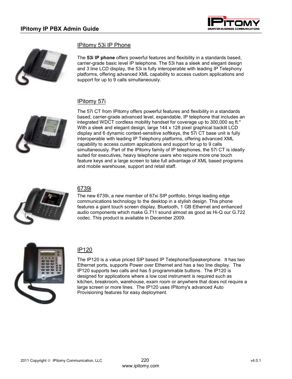 Ipitomy ip pbx admin guide, Ipitomy 53i ip phone, Ipitomy 57i | 6739i, Ip120 | IPitomy IP1100+ PBX Administrator Guide User Manual | Page 238 / 259