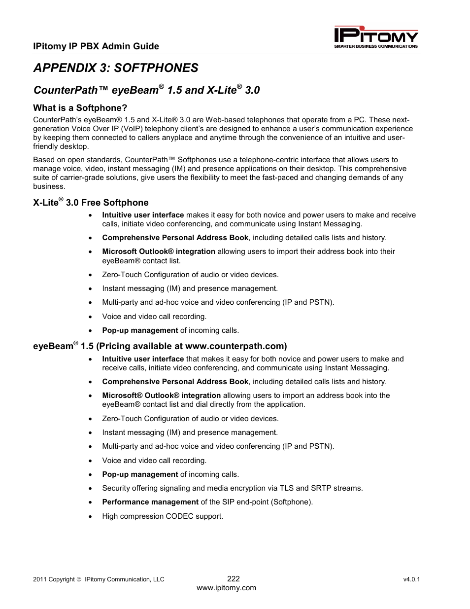 Appendix 3: softphones, Counterpath™ eyebeam, 5 and x-lite | IPitomy IP1100+ PBX Administrator Guide User Manual | Page 240 / 259