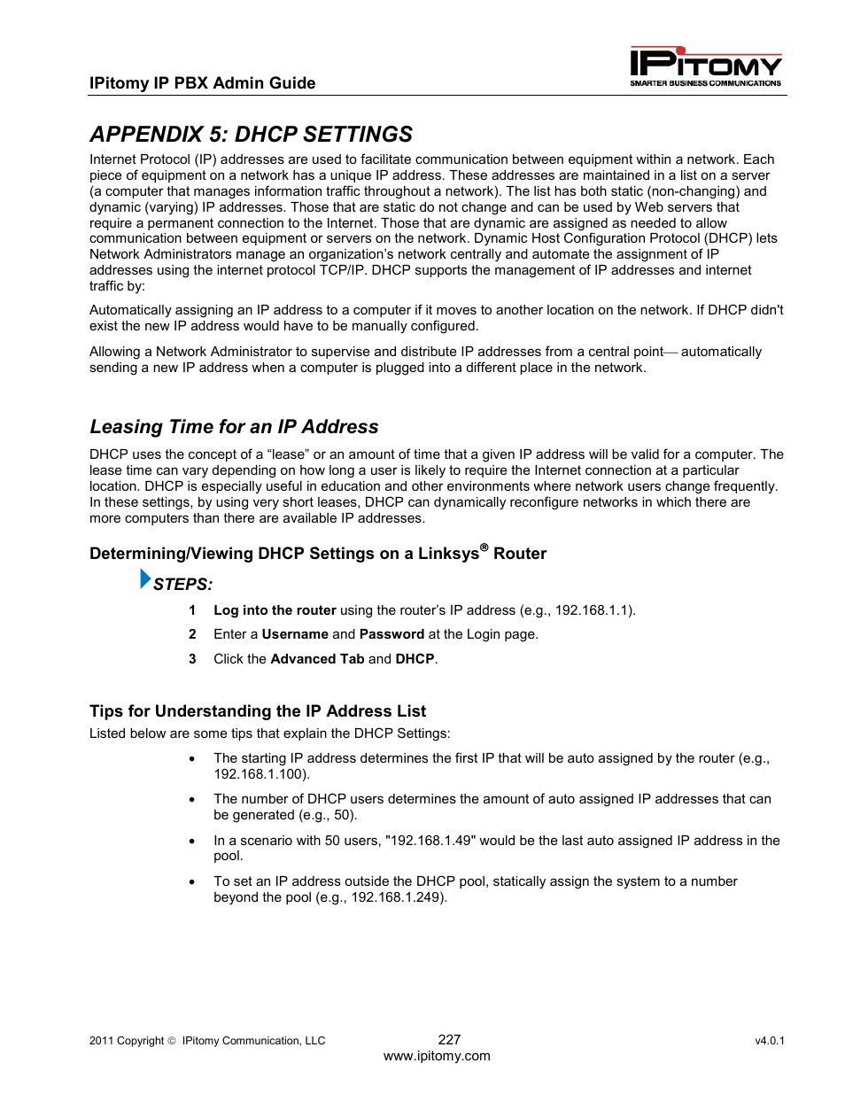 Appendix 5: dhcp settings, Leasing time for an ip address | IPitomy IP1100+ PBX Administrator Guide User Manual | Page 245 / 259