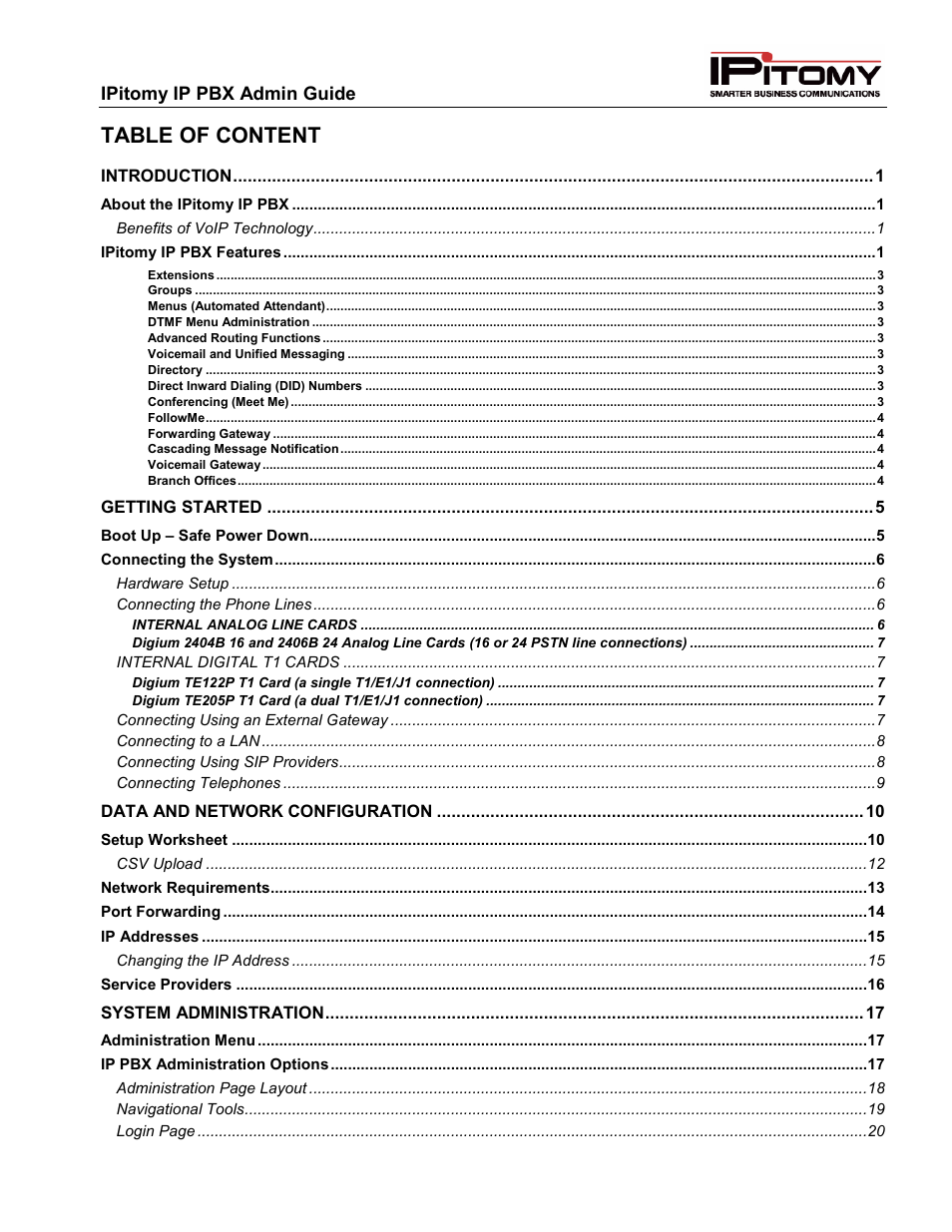 Table of content | IPitomy IP1100+ PBX Administrator Guide User Manual | Page 3 / 259