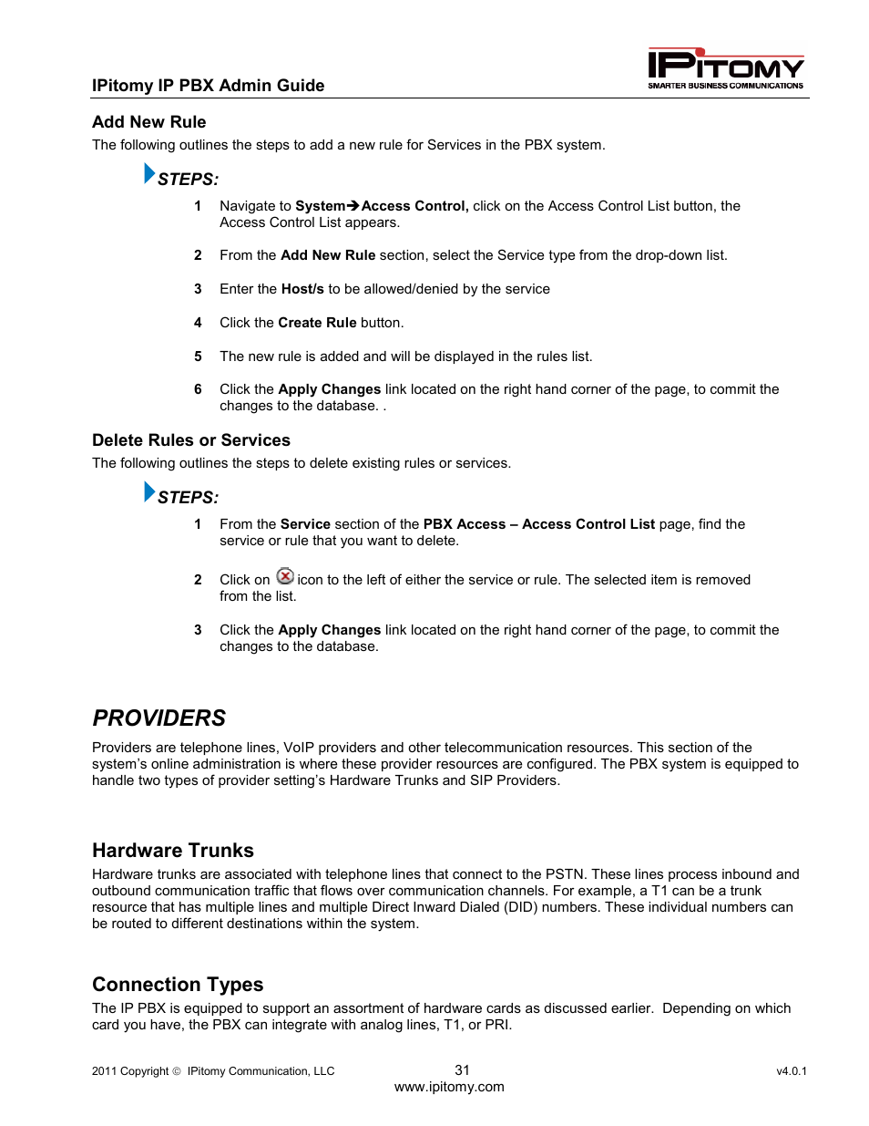 Providers, Hardware trunks, Connection types | IPitomy IP1100+ PBX Administrator Guide User Manual | Page 49 / 259