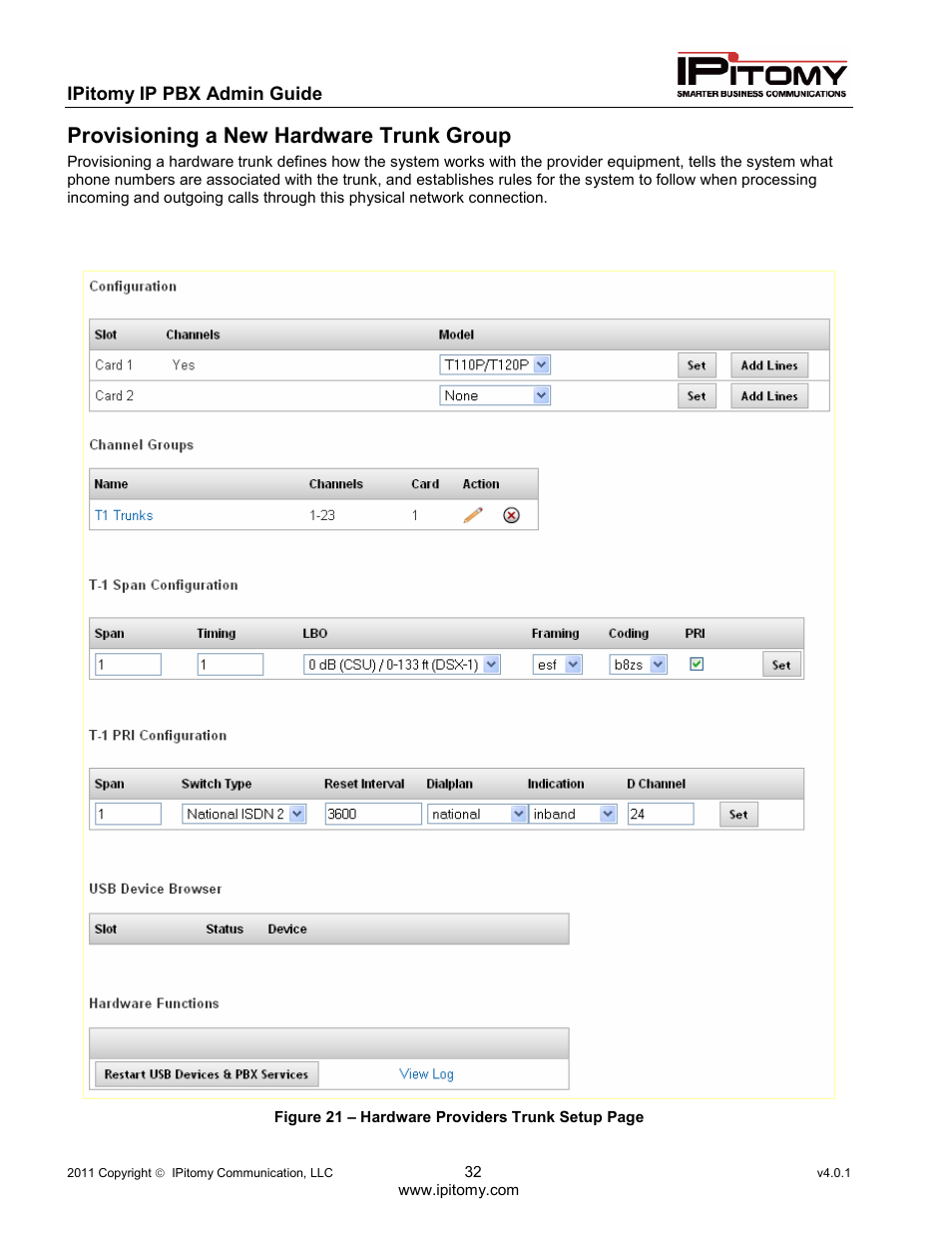 Provisioning a new hardware trunk group | IPitomy IP1100+ PBX Administrator Guide User Manual | Page 50 / 259
