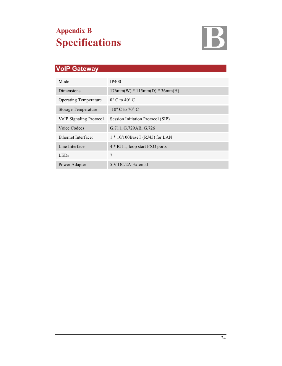 Specifications, Appendix b | IPitomy IP400 User Guide User Manual | Page 32 / 32