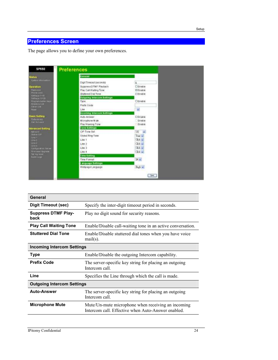 Preferences screen | IPitomy IP550 User Manual Ver.1 User Manual | Page 29 / 117